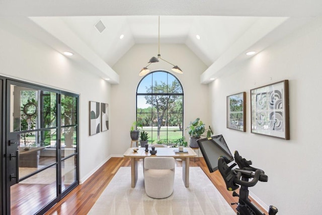 400 Goodnight Trl, Dripping Springs, TX 78620 - office area with wood finished floors, high vaulted ceiling, baseboards, and recessed lighting