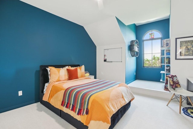 400 Goodnight Trl, Dripping Springs, TX 78620 - bedroom with carpet, lofted ceiling, and ceiling fan