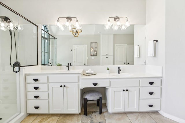 400 Goodnight Trl, Dripping Springs, TX 78620 - bathroom with double vanity, a stall shower, tile patterned floors, and a chandelier