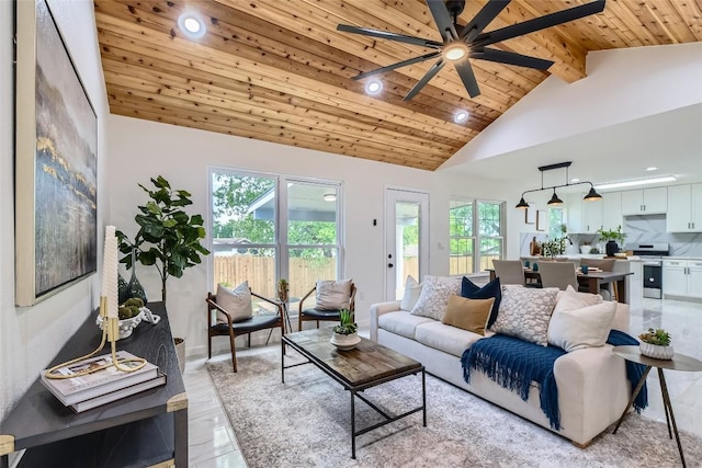 5403 Village Ln, Austin, TX 78744 - living room with ceiling fan, wooden ceiling with exposed beams, healthy amount of natural light, recessed lighting, and high vaulted ceiling