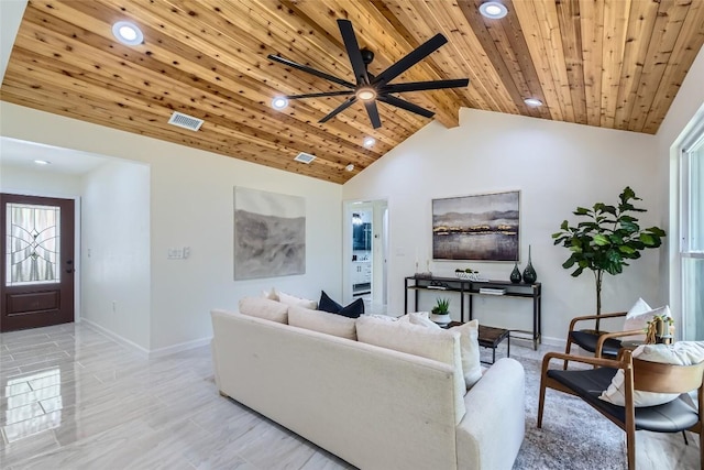 5403 Village Ln, Austin, TX 78744 - living area featuring wood ceiling, vaulted ceiling, baseboards, recessed lighting, and a ceiling fan