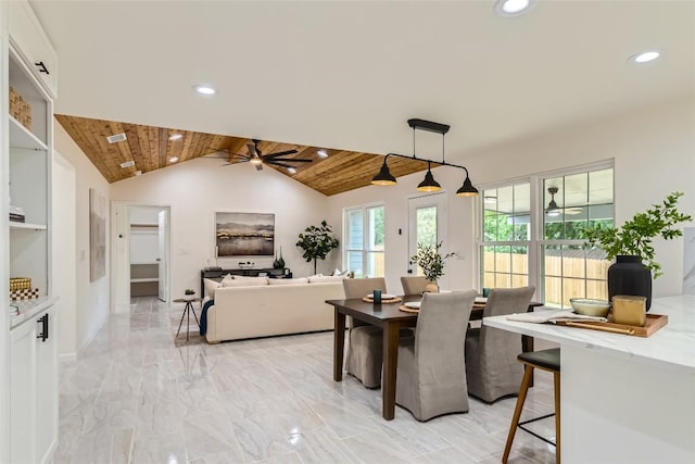 5403 Village Ln, Austin, TX 78744 - dining area with wood ceiling, recessed lighting, lofted ceiling, a ceiling fan, and light marble finish floors