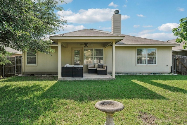 6015 Lone Star Ct, Hutto, TX 78634 - rear view of house with an outdoor living space, a ceiling fan, a chimney, and a patio