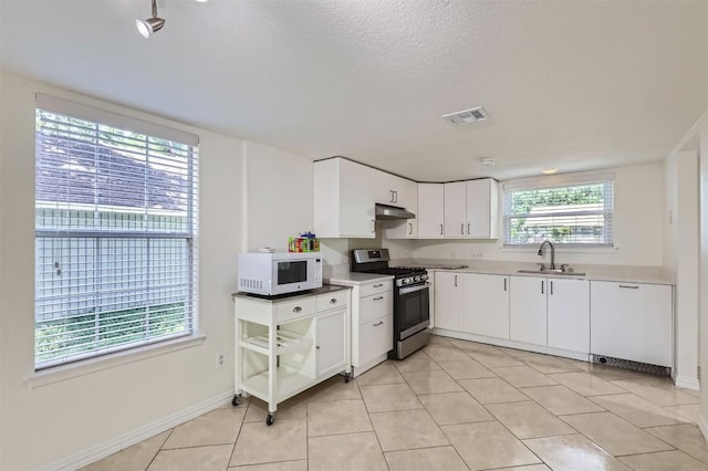 11619 Birchbark Trl, Austin, TX 78750 - kitchen with gas stove, white microwave, a sink, under cabinet range hood, and light countertops