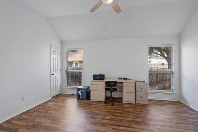 15617 Staffordshire Ln, Austin, TX 78717 - home office featuring healthy amount of natural light, dark wood-style floors, lofted ceiling, and a ceiling fan