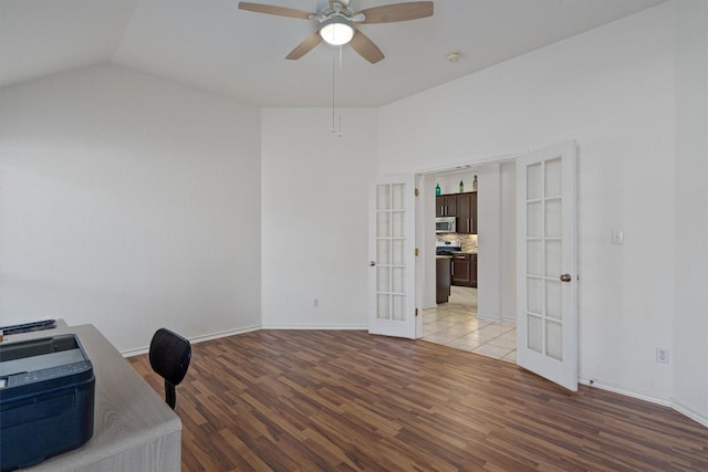 15617 Staffordshire Ln, Austin, TX 78717 - office space featuring french doors, light wood-style flooring, a ceiling fan, and vaulted ceiling