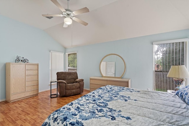 15617 Staffordshire Ln, Austin, TX 78717 - bedroom featuring wood finished floors, vaulted ceiling, baseboards, and ceiling fan