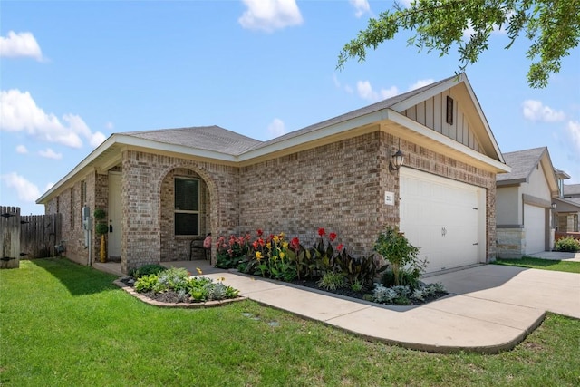 212 Canis St, Georgetown, TX 78628 - view of front of house featuring board and batten siding, a garage, brick siding, driveway, and a shingled roof