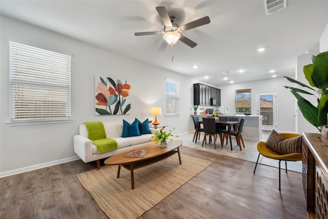 212 Canis St, Georgetown, TX 78628 - living area with light wood finished floors, ceiling fan, baseboards, and recessed lighting