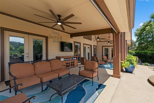 17505 E Darleen Dr, Leander, TX 78641 - view of patio featuring french doors, ceiling fan, outdoor lounge area, and a deck