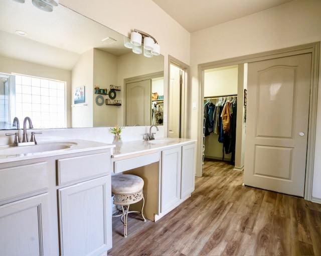 1406 Apache Cv, Pflugerville, TX 78660 - bathroom featuring double vanity, wood finished floors, and a walk in closet