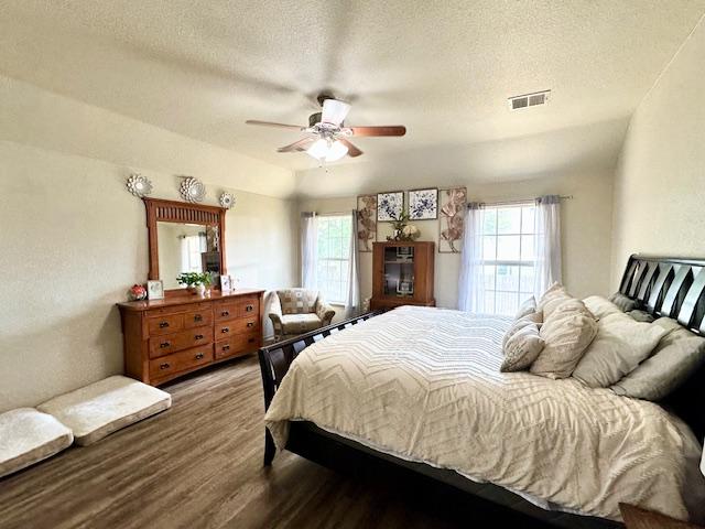 1406 Apache Cv, Pflugerville, TX 78660 - bedroom with multiple windows, wood finished floors, a textured ceiling, and ceiling fan