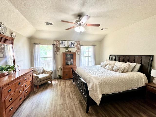 1406 Apache Cv, Pflugerville, TX 78660 - bedroom featuring vaulted ceiling, light wood-style floors, a textured ceiling, multiple windows, and ceiling fan