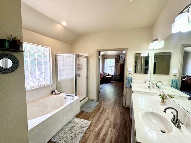 1406 Apache Cv, Pflugerville, TX 78660 - bathroom featuring ensuite bathroom, a bath, a stall shower, double vanity, and wood finished floors