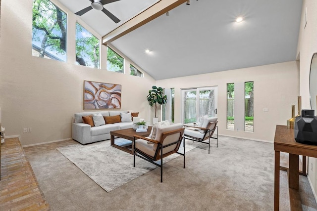 8126 Greenslope Dr, Austin, TX 78759 - living area featuring high vaulted ceiling, ceiling fan, carpet, baseboards, and beamed ceiling