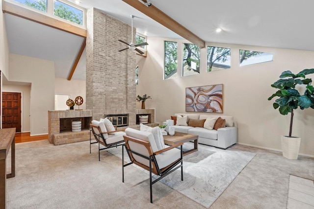 8126 Greenslope Dr, Austin, TX 78759 - living room with carpet floors, plenty of natural light, a high ceiling, a fireplace, and a ceiling fan