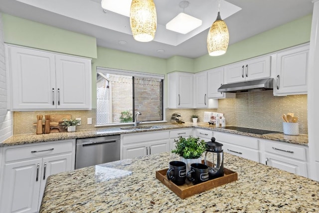 8126 Greenslope Dr, Austin, TX 78759 - kitchen with dishwasher, under cabinet range hood, a sink, black electric stovetop, and white cabinets