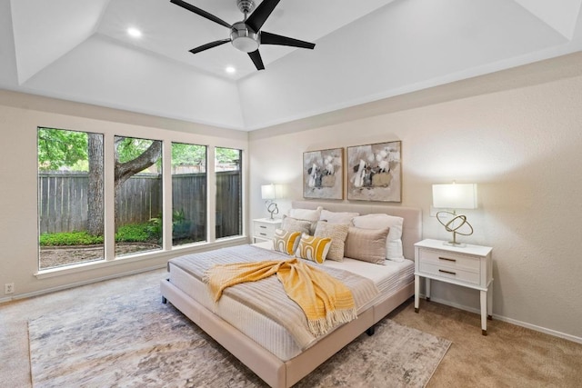 8126 Greenslope Dr, Austin, TX 78759 - bedroom featuring carpet floors, baseboards, lofted ceiling, recessed lighting, and ceiling fan