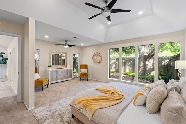 8126 Greenslope Dr, Austin, TX 78759 - bedroom featuring multiple windows, light carpet, recessed lighting, baseboards, and ceiling fan