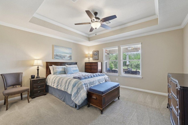 709 Kitty Hawk Rd, Georgetown, TX 78633 - bedroom with a tray ceiling, light colored carpet, ornamental molding, baseboards, and ceiling fan