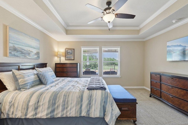 709 Kitty Hawk Rd, Georgetown, TX 78633 - carpeted bedroom with a raised ceiling, crown molding, baseboards, and a ceiling fan