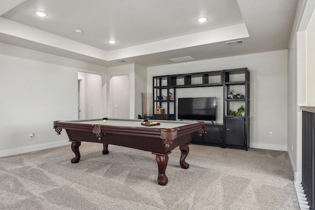 2 Basswood Cir, Wimberley, TX 78676 - recreation room featuring baseboards, light carpet, pool table, a tray ceiling, and recessed lighting