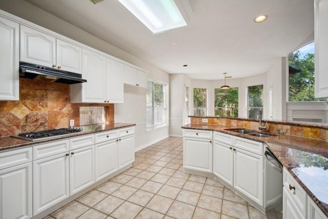 5616 Gorham Glen Ln, Austin, TX 78739 - kitchen featuring appliances with stainless steel finishes, under cabinet range hood, tasteful backsplash, dark stone countertops, and healthy amount of natural light