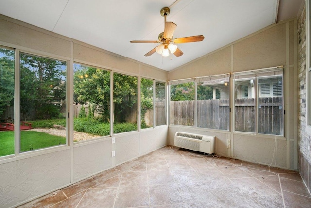 5616 Gorham Glen Ln, Austin, TX 78739 - unfurnished sunroom with lofted ceiling, healthy amount of natural light, a ceiling fan, and an AC wall unit