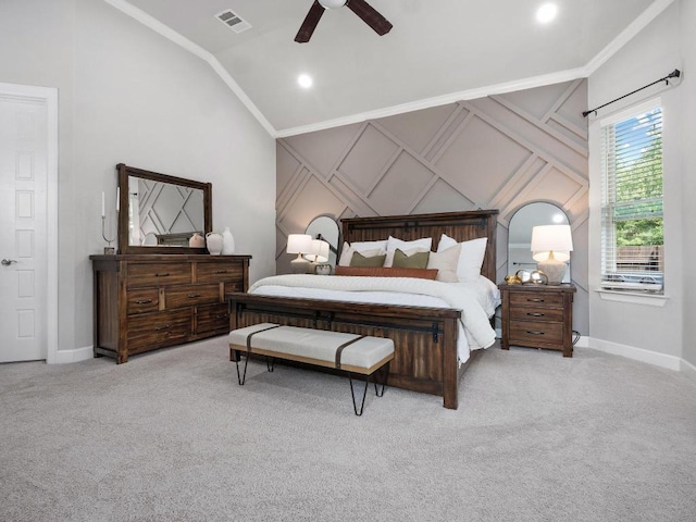 116 Claiborne Lake Ln, Georgetown, TX 78628 - bedroom with vaulted ceiling, carpet floors, a decorative wall, and ceiling fan