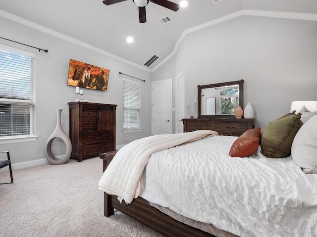 116 Claiborne Lake Ln, Georgetown, TX 78628 - bedroom with vaulted ceiling, carpet floors, crown molding, and a ceiling fan