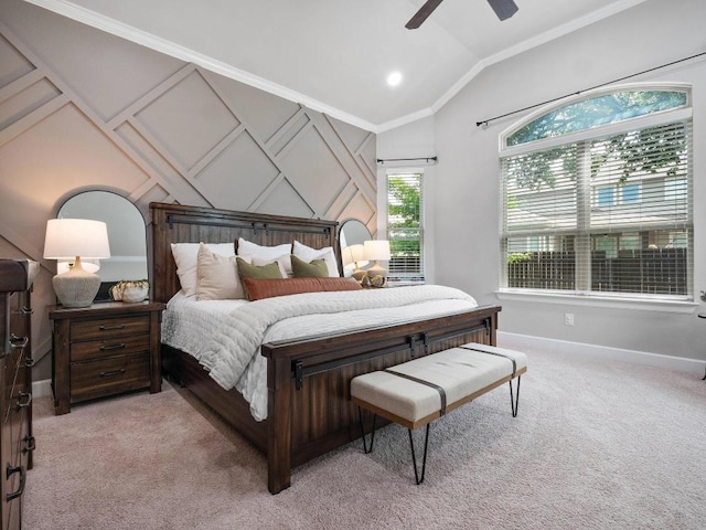116 Claiborne Lake Ln, Georgetown, TX 78628 - bedroom with light colored carpet, vaulted ceiling, ornamental molding, and ceiling fan