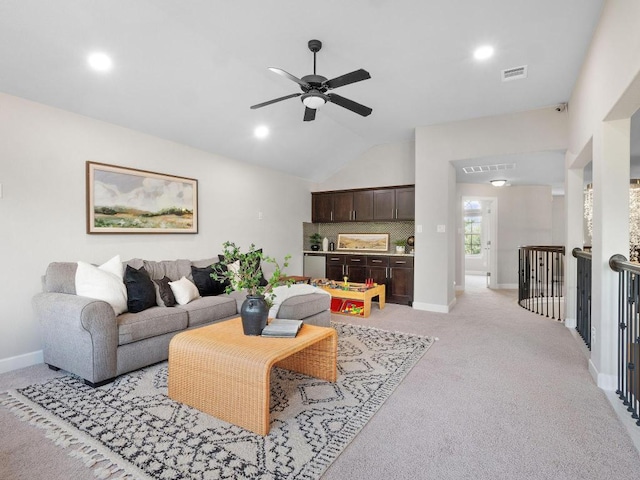 116 Claiborne Lake Ln, Georgetown, TX 78628 - living room with lofted ceiling, light carpet, ceiling fan, and recessed lighting