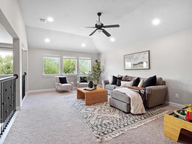 116 Claiborne Lake Ln, Georgetown, TX 78628 - living area featuring ceiling fan, recessed lighting, vaulted ceiling, and carpet flooring