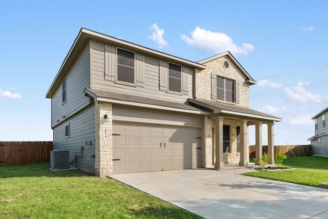 854 Pumpkin Rdg, New Braunfels, TX 78130 - traditional home featuring stone siding, central AC unit, a garage, concrete driveway, and covered porch