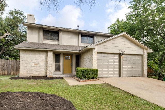 7702 Turquoise Trl, Austin, TX 78749 - view of front of home featuring stone siding, an attached garage, concrete driveway, a chimney, and roof with shingles