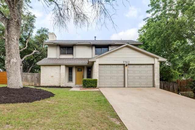 7702 Turquoise Trl, Austin, TX 78749 - view of front of house featuring a garage, concrete driveway, a chimney, and a shingled roof