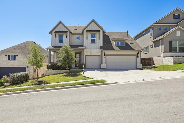 16825 Roselin Dr, Austin, TX 78738 - craftsman inspired home with board and batten siding, concrete driveway, stone siding, and roof with shingles