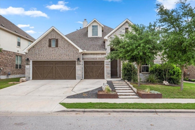 1504 Saddlespur Ln, Leander, TX 78641 - view of front facade featuring concrete driveway, a garage, roof with shingles, a chimney, and stone siding