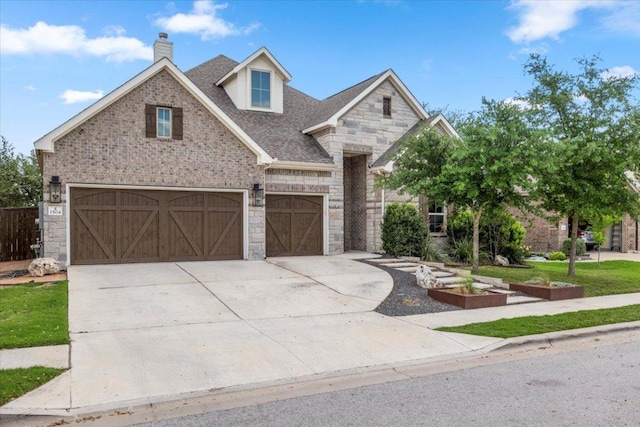 1504 Saddlespur Ln, Leander, TX 78641 - view of front facade featuring stone siding, a chimney, driveway, a shingled roof, and brick siding