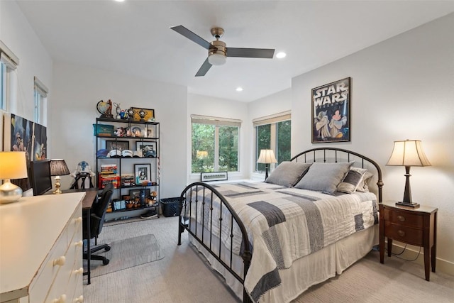 104 Sendera Bonita, Lakeway, TX 78734 - bedroom featuring light carpet, an office area, ceiling fan, and recessed lighting