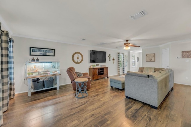 116 Bufflehead, Leander, TX 78641 - living room featuring crown molding, wood-type flooring, ceiling fan, and baseboards