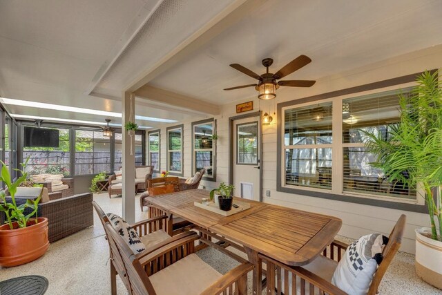 116 Bufflehead, Leander, TX 78641 - sunroom featuring a ceiling fan, an outdoor living space, and outdoor dining space