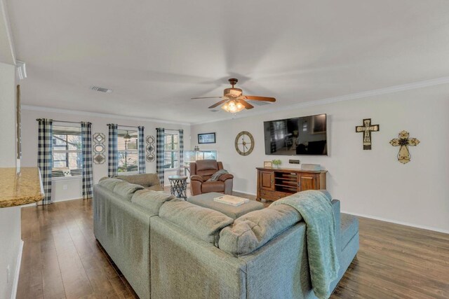 116 Bufflehead, Leander, TX 78641 - living room with ceiling fan, crown molding, plenty of natural light, wood finished floors, and baseboards