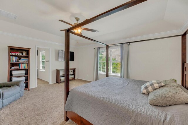 116 Bufflehead, Leander, TX 78641 - bedroom with ornamental molding, light colored carpet, multiple windows, a ceiling fan, and baseboards