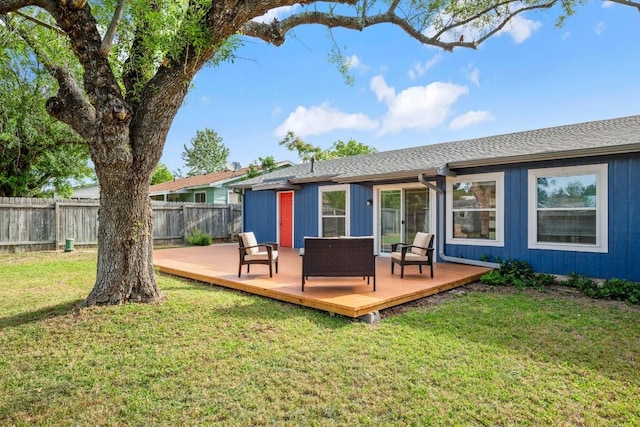 5706 Cherry Park, Austin, TX 78745 - rear view of house with a wooden deck, an outdoor living space, and roof with shingles