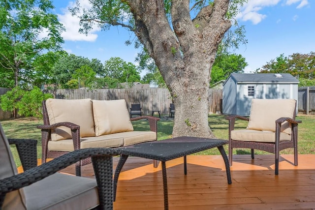 5706 Cherry Park, Austin, TX 78745 - wooden terrace featuring a fenced backyard, an outdoor hangout area, and an outbuilding