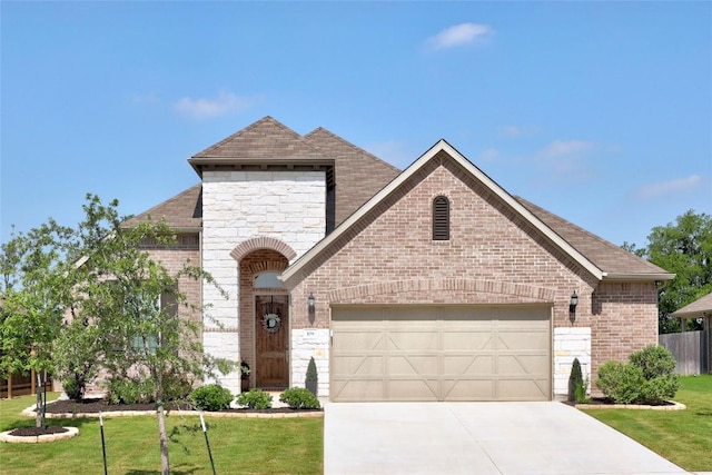 108 Windgate Dr, Hutto, TX 78634 - french country inspired facade with brick siding, a garage, stone siding, a front lawn, and concrete driveway