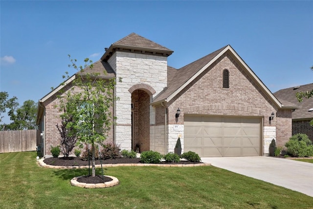 108 Windgate Dr, Hutto, TX 78634 - french country inspired facade with a garage, driveway, stone siding, and brick siding