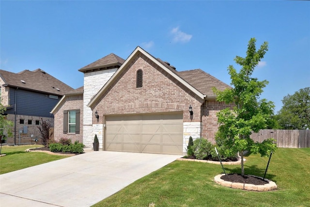 108 Windgate Dr, Hutto, TX 78634 - french country inspired facade featuring a garage, brick siding, driveway, and stone siding