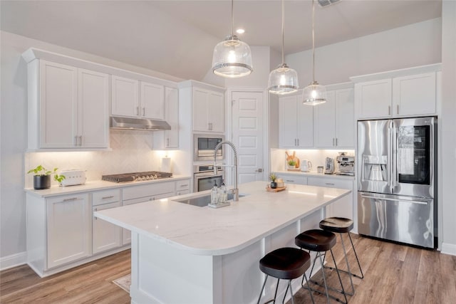 108 Windgate Dr, Hutto, TX 78634 - kitchen featuring stainless steel appliances, under cabinet range hood, white cabinetry, light wood-style floors, and backsplash
